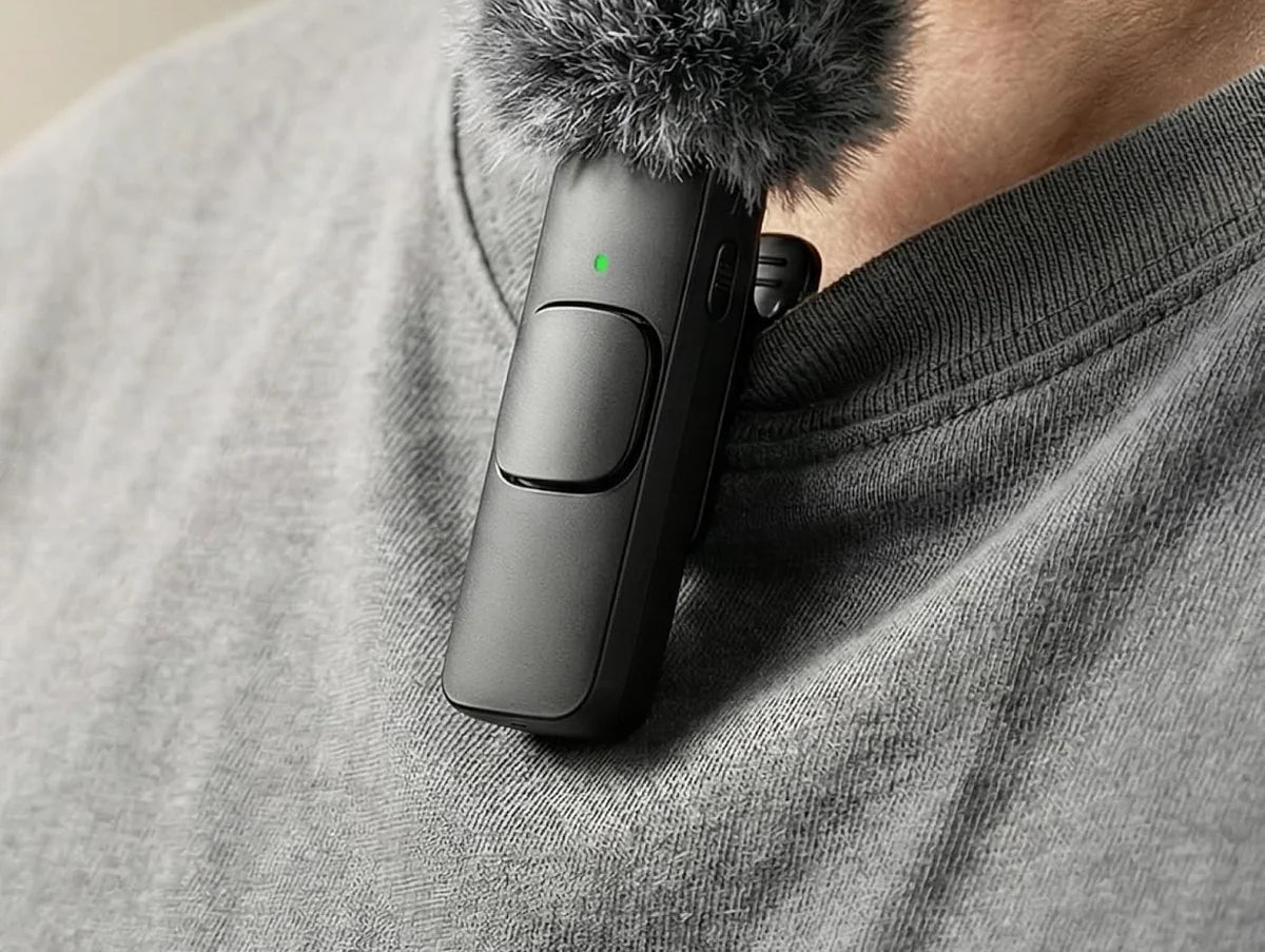 Mini Mic Pro clipped to a shirt collar