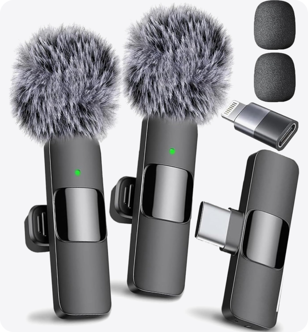 Two Mini Mic Pro transmitters with furry windscreens, foam tips and the USB-C receiver