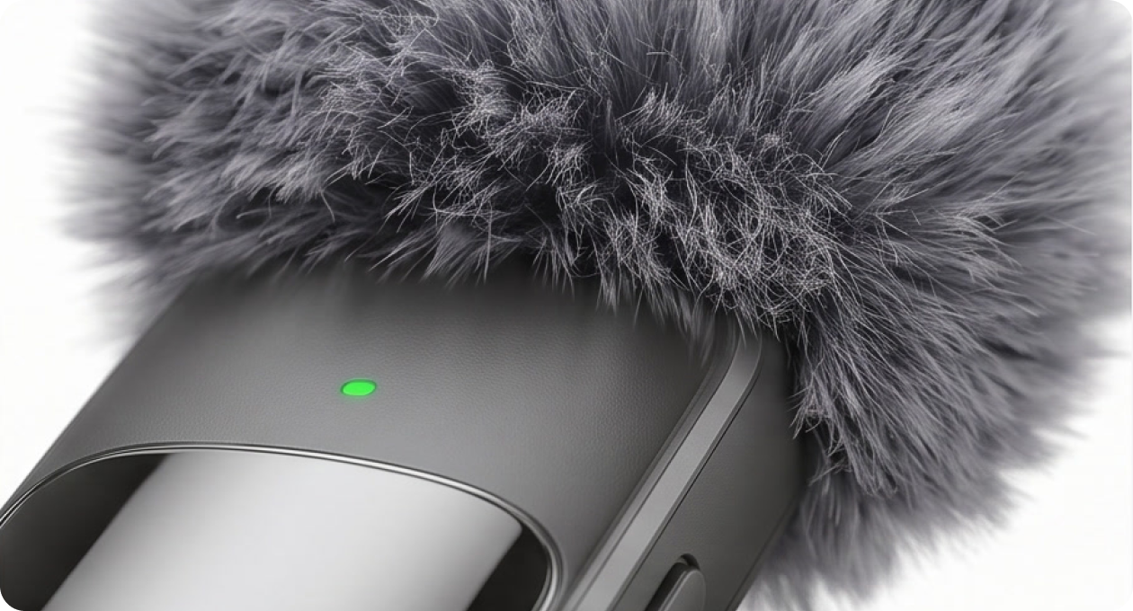 The furry windscreen and recording light, up close