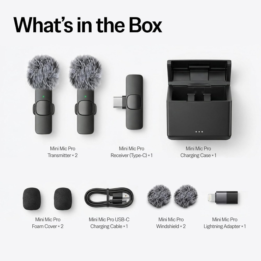 What's in the box: two transmitters, USB-C receiver, charging case, foam covers, cable, windshields, Lightning adapter