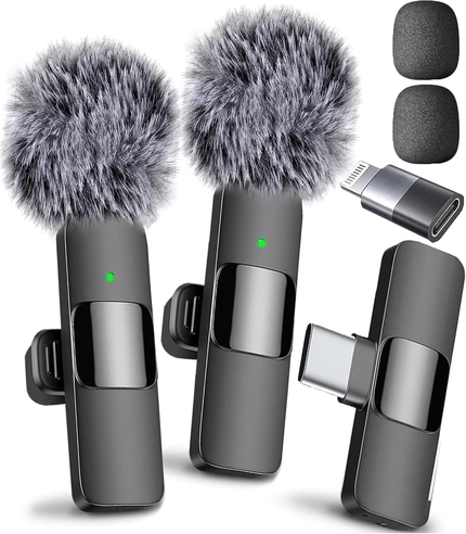 Mini Mic Pro Dual Pros — two transmitters, USB-C receiver, foam tips and Lightning adapter