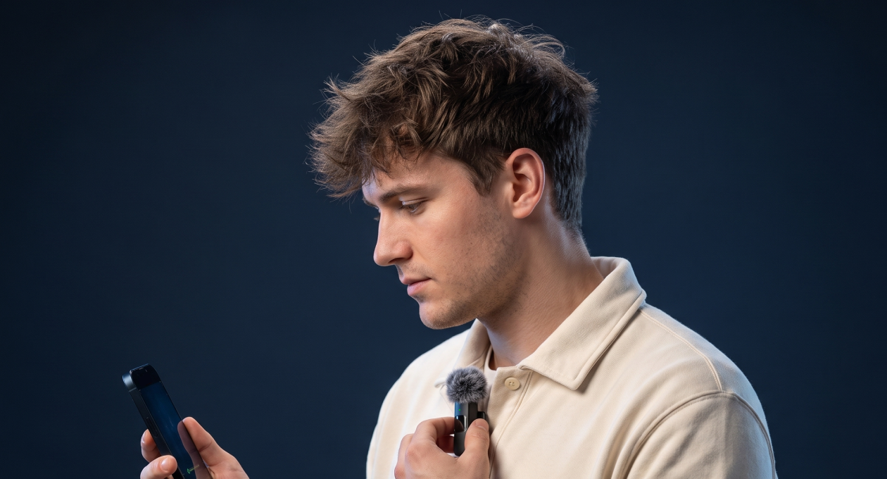 A man checks his phone while holding a Mini Mic Pro on a navy background