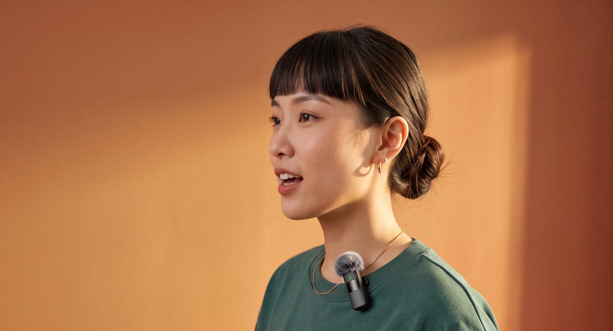 A woman speaks with a Mini Mic Pro clipped to her collar in warm light