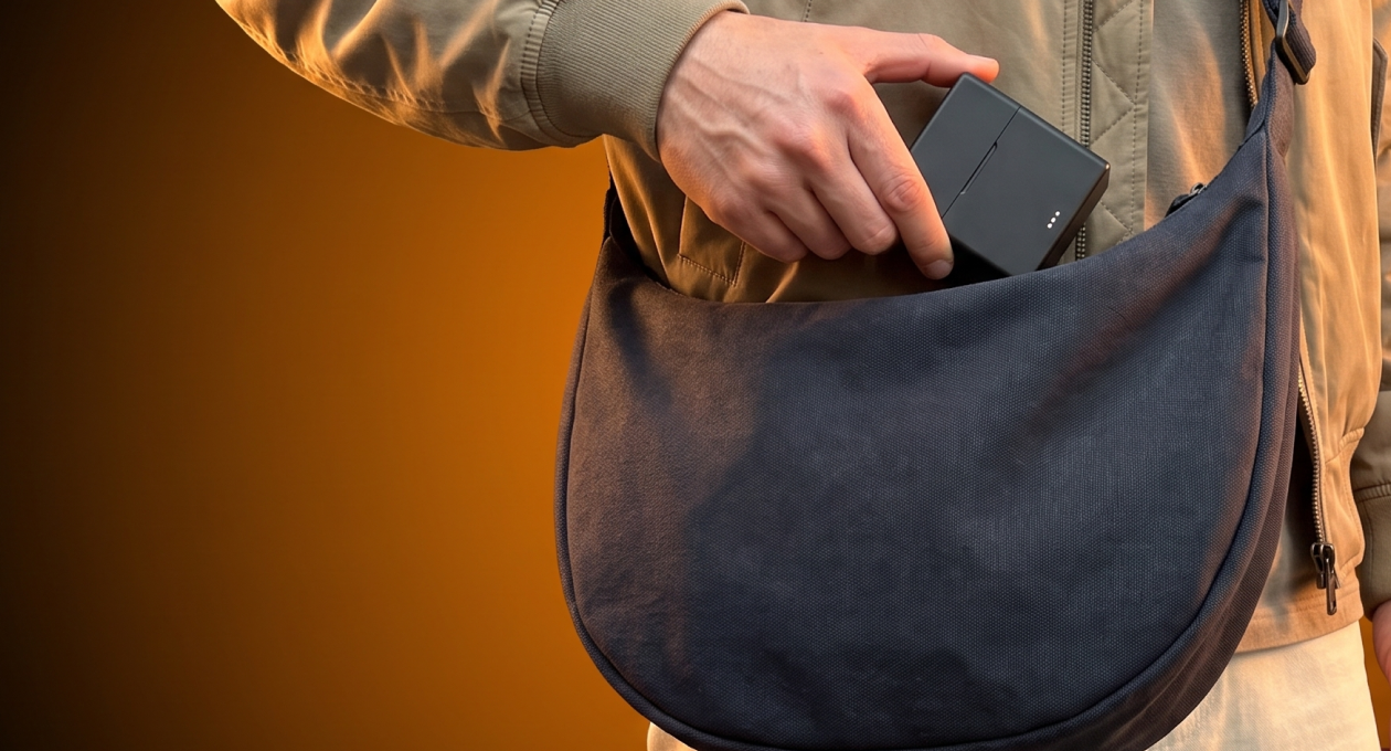 A hand slips the Mini Mic Pro charging case into a shoulder bag