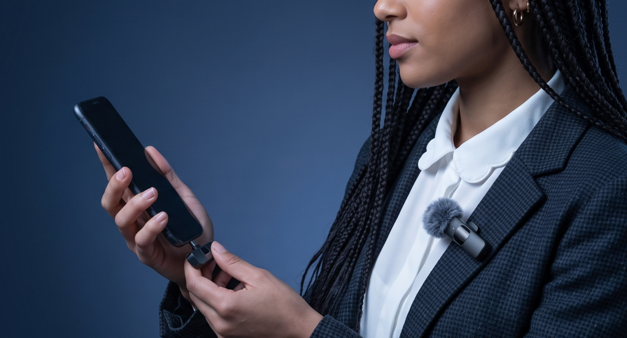 A woman in a blazer taps record on her phone with a Mini Mic Pro on her lapel